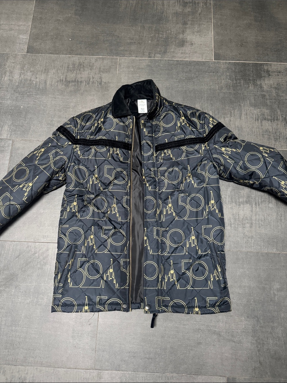 Disney Men's Black Puffer Jacket with Gold 50 Graphic